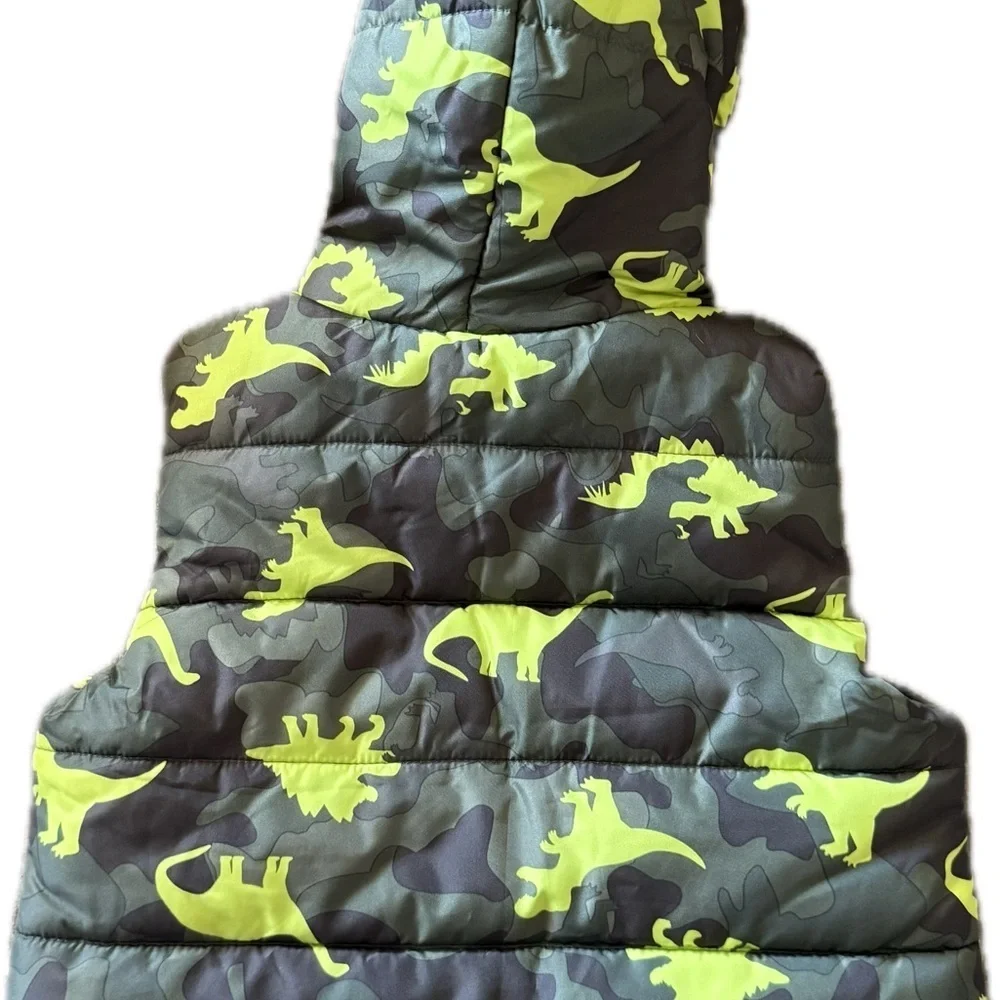 Kids Dinosaur Puffer Vest, size 2T, zippered front, green w/orange hood spikes